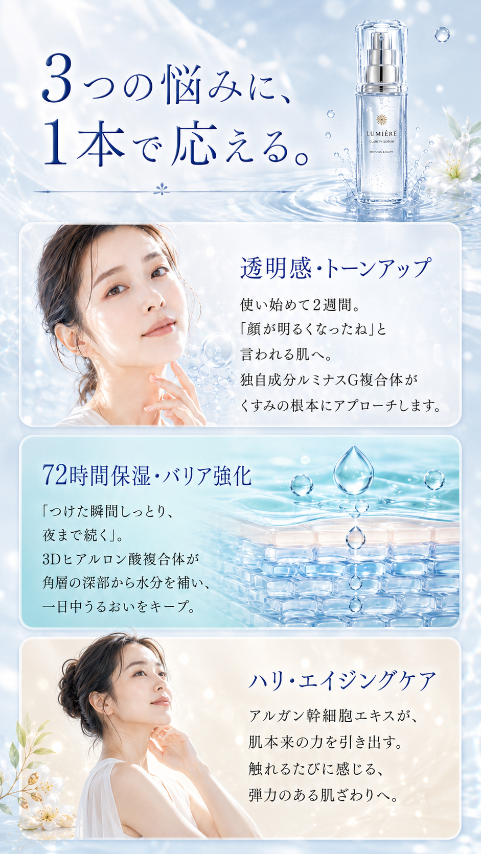 3つの悩みに1本で応える。透明感・トーンアップ、72時間保湿・バリア強化、ハリ・エイジングケア。